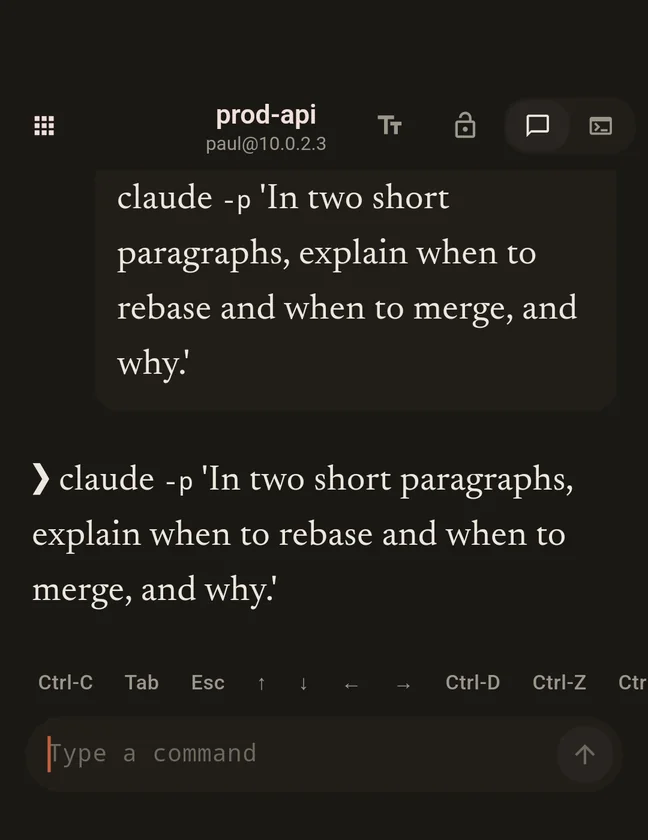 The same answer reflowed into large serif prose, with the command shown as a chat bubble above it.