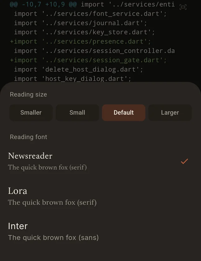 The reading sheet showing size chips and a font list with live previews of Newsreader, Lora, and Inter.